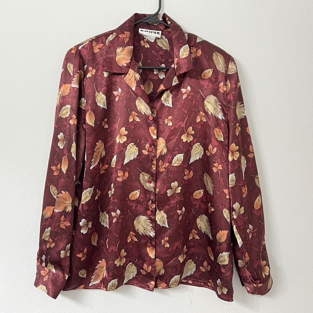Vintage Joan Leslie Womens L 12 Burgundy Satin Leaf Print Blouse Shoulder Pads